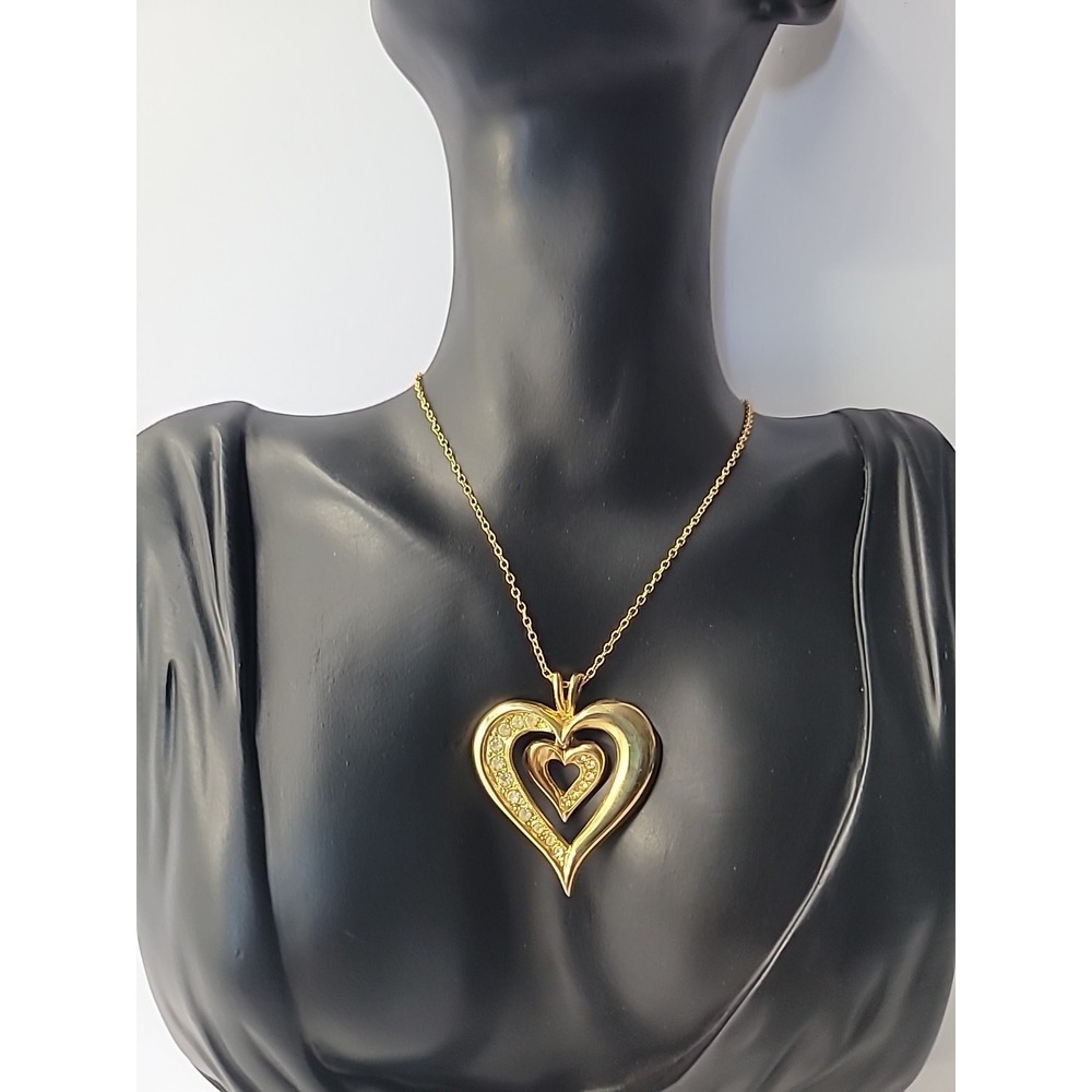 Vintage Gold Tone Double Heart Pendant Necklace wuth White Rhinestones Layered